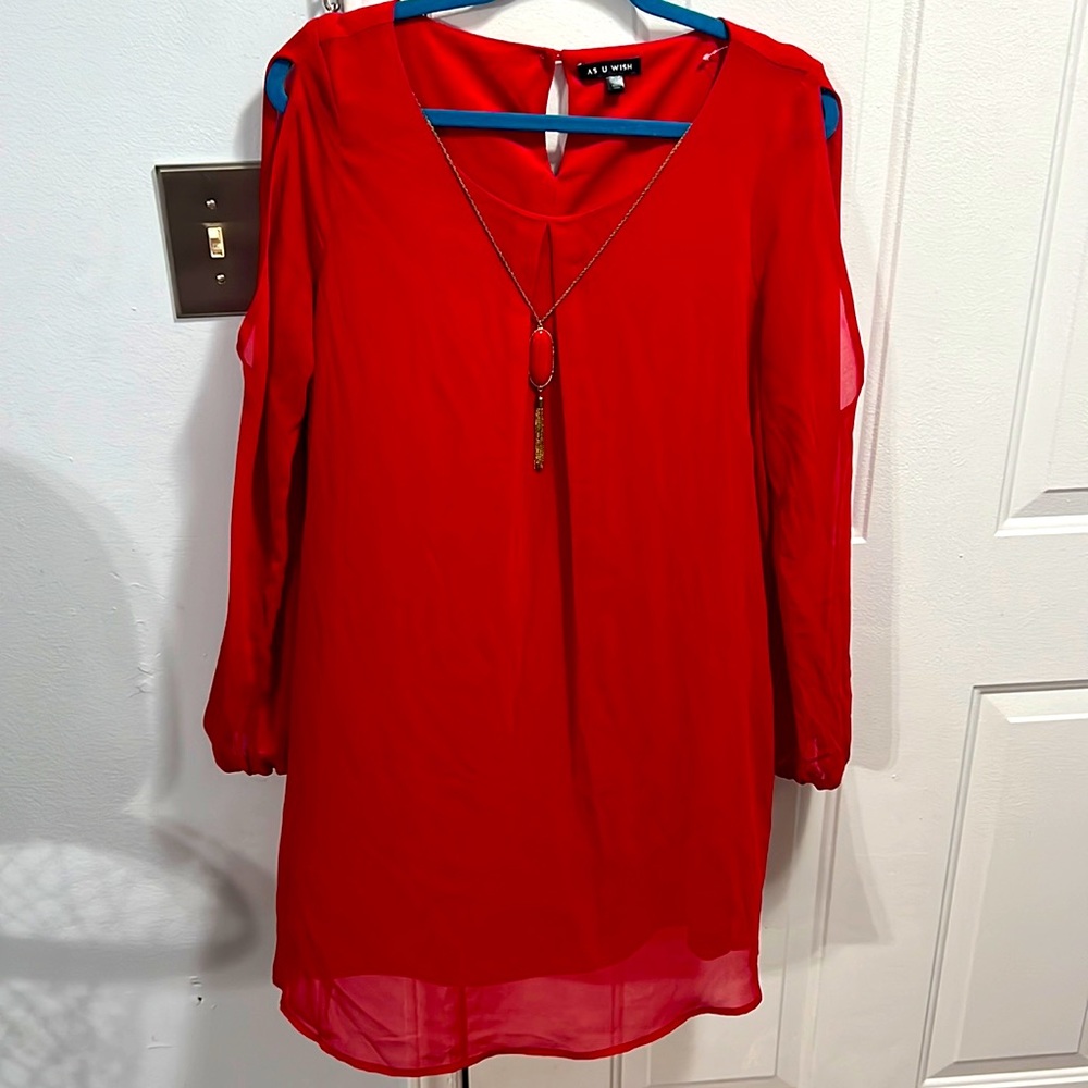 Women's red dress with open cut long sleeves ; with built in necklace!
